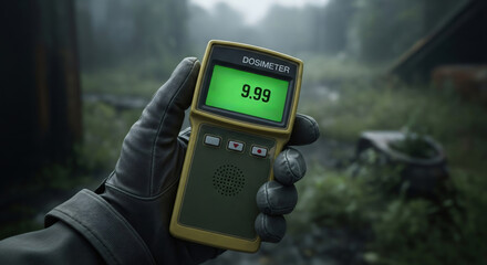 Man hand wearing glove holding dosimeter with radiation level 9.99 in polluted zone. Radiation hazard concept.