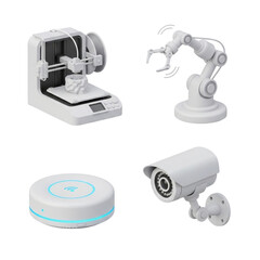 Set of modern technology devices including 3d printer, robot arm, security camera isolated on transparent background