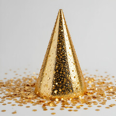 Stylish golden party hat with scattered confetti, festive celebratory composition.