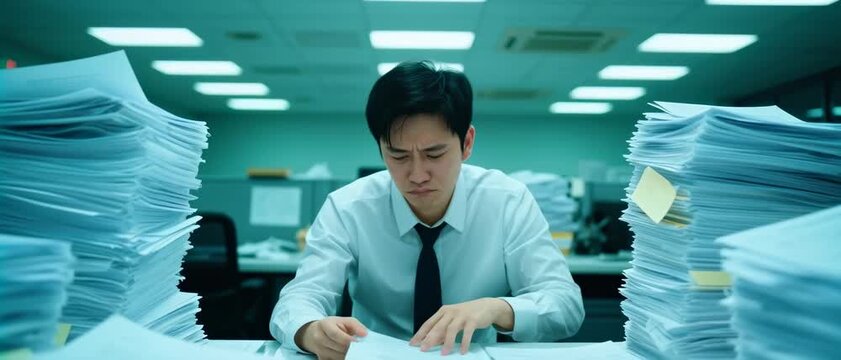 Asian man in white shirt and tie diligently writes amidst towering stacks of paperwork under fluorescent lighting