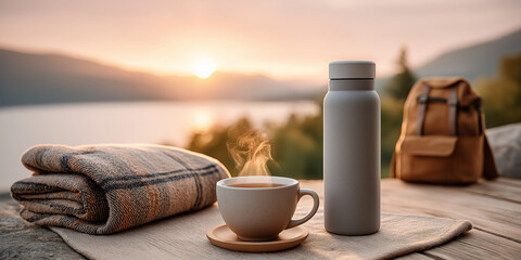Tranquil mountain sunrise with coffee, blanket, and backpack by lakeside
