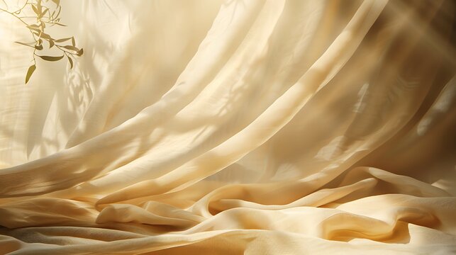Soft golden fabric draped elegantly with a subtle olive branch in the upper left corner view