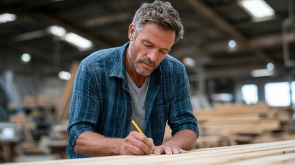A skilled craftsman focuses on his work, writing notes on wood in a spacious workshop filled with lumber. The atmosphere is creative and industrious.