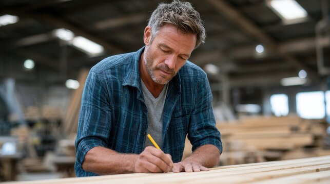 A skilled craftsman focuses on his work, writing notes on wood in a spacious workshop filled with lumber. The atmosphere is creative and industrious.