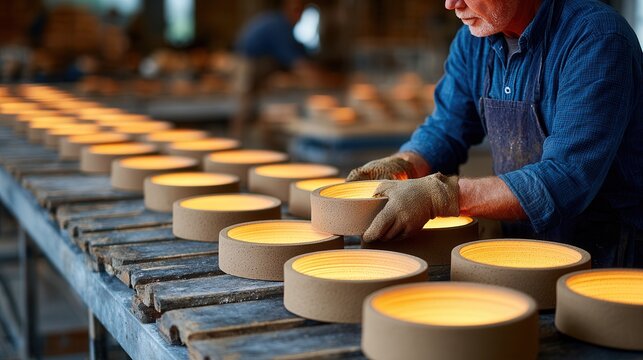 A skilled artisan carefully arranges handmade lighting fixtures in a workshop. The warm glow creates a cozy atmosphere, showcasing craftsmanship and dedication.