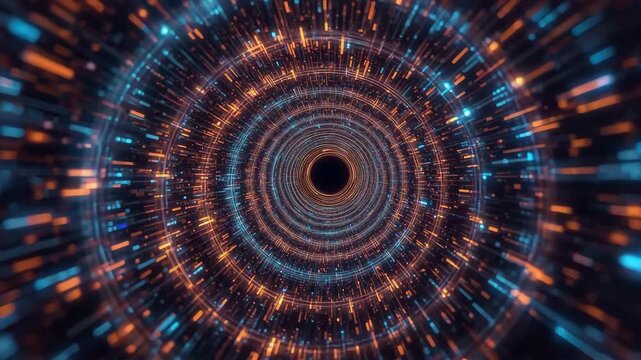 Digital Realm: A mesmerizing visualization of digital data flowing through a circular tunnel, symbolizing connectivity, technological advancement, and a journey through cyberspace.
