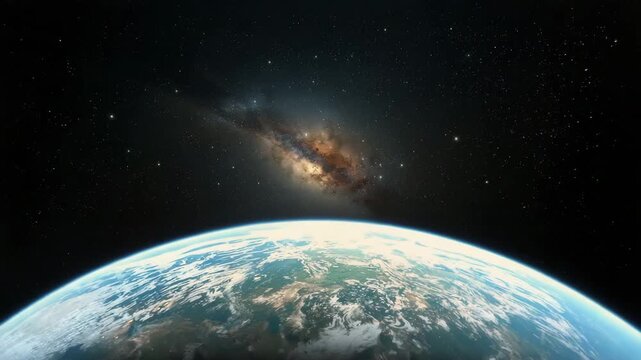 Earth in Cosmic Embrace: Witness the stunning panorama of our planet, cradled against the celestial tapestry of the galaxy, the cosmos. A testament to the universe.