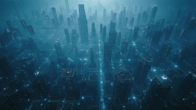 Cyber City: A futuristic city, aglow with a network of digital lights and towering skyscrapers, bathed in an atmospheric haze.