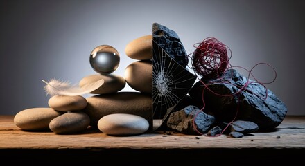 Balancing Nature: Stones, Feather, and Glass Orb Harmony Still Life