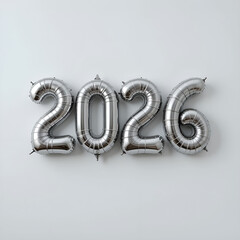 Minimal silver 2026 digits shaped as metallic balloons, smooth reflective surfaces.