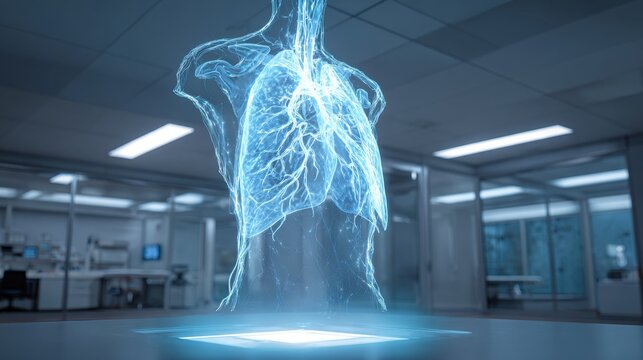 Futuristic Heart Model Hologram in Modern Medical Laboratory