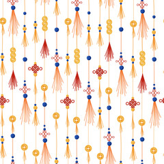 Chinese decorative tassels with lucky knot and lucky coins seamless pattern on white background. Vector print with hand drawn hanging tassels for wallpaper, wrapping, textile