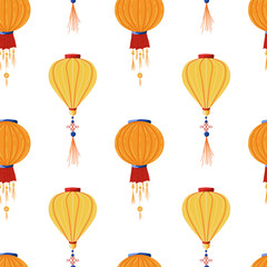 Fototapeta premium Chinese yellow paper lanterns seamless pattern. Vector flat background with chinese or japanese traditional decor elements with lucky knot and lucky coins for wallpaper, wrapping, textile