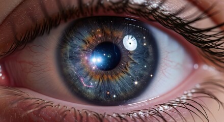 Close-up of a captivating blue eye with a galaxy and stars reflected within.