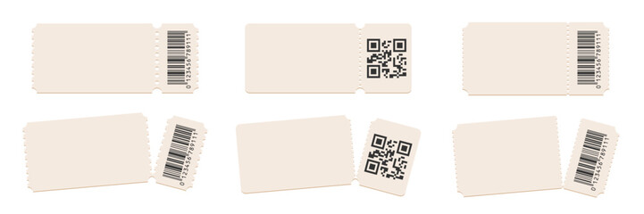 Blank perforated paper tickets. Collection of vintage-style admission ticket templates with torn edges, barcodes. Event or cinema entry pass design. Realistic vector illustration.
