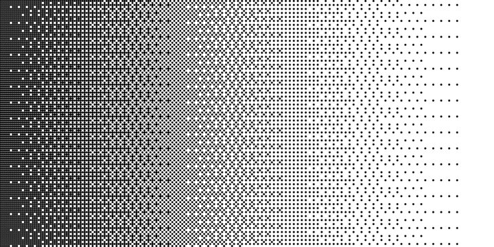 Tech halftone gradient background. Black and white dotted pattern fading from dense to light creating depth illusion. Minimal abstract texture backdrop for modern graphic design. Vector illustration.