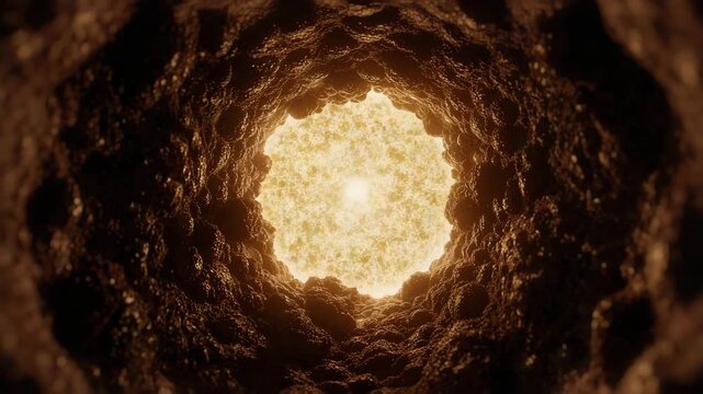 Tunnel's Illuminated: Gaze into the depths of a rugged tunnel, its walls textured with rough earth, culminating in a radiant opening that emits a warm, inviting glow. 