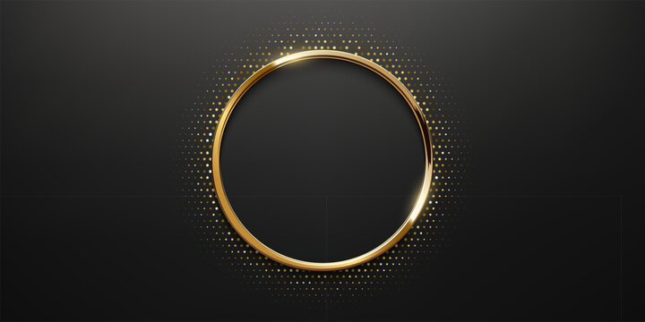 Golden circle frame with dotted halftone light effect. Circular glowing metallic ring, button, stamp, emblem, sticker, label. Modern luxury abstract vector illustration.