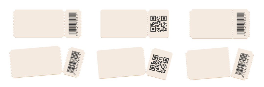 Blank perforated paper tickets. Collection of vintage-style admission ticket templates with torn edges, barcodes. Event or cinema entry pass design. Realistic vector illustration.