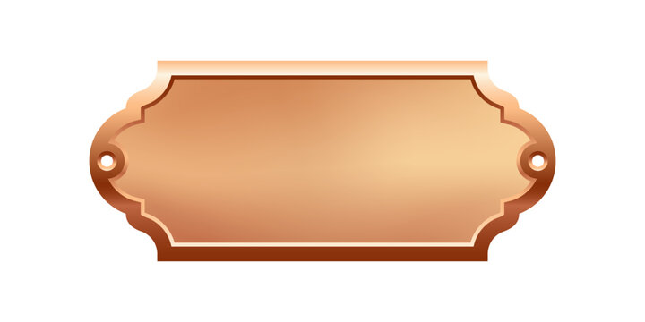 Blank bronze nameplate plaque with decorative edges and screw holes. Metallic label for engraving, signage, awards, door signs. Realistic vector illustration.