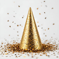 Stylish golden party hat with scattered confetti, festive celebratory composition.
