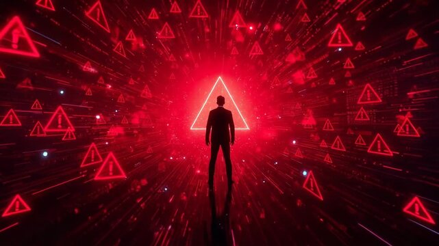 Navigating the digital storm: A lone figure stands facing the oncoming storm of the digital world, illuminated by red alerts, conveying danger and uncertainty