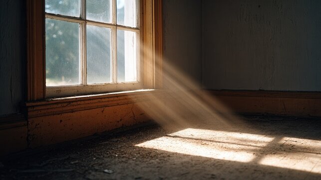 An abandoned room with sunlight streaming through a dusty window, creating a serene and nostalgic atmosphere.