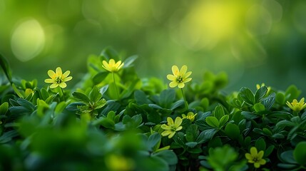 Close up shot of small yellow wildflowers blooming among lush green foliage in a natural setting