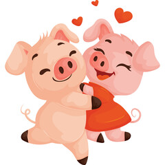 Two Adorable Pink Pigs Embracing with Joy Surrounded by Red Hearts Illustration on a Transparent Background Capturing a Moment of Love and Happiness