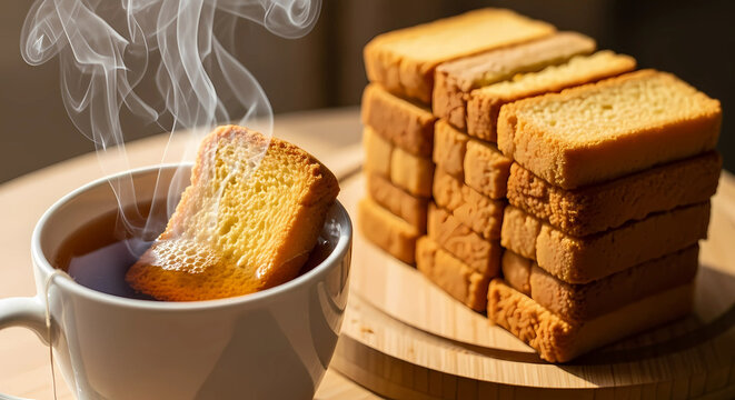 Tea Time Cake Rusks and Hot Tea Isolated Object