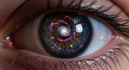 Eye reflecting galaxy with cosmic swirl, universal knowledge concept