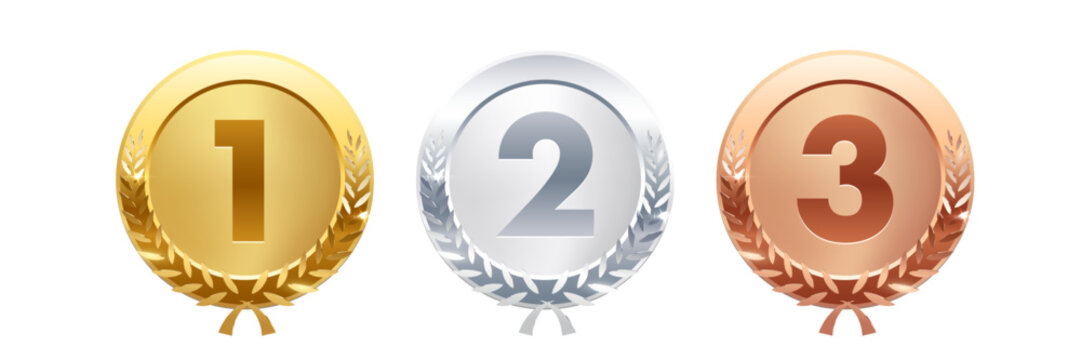 Gold, silver, bronze circle medals. Metal coins. First, second, third place award frames isolated on white background. Winners trophy. Shiny badge, label. Realistic vector illustration.