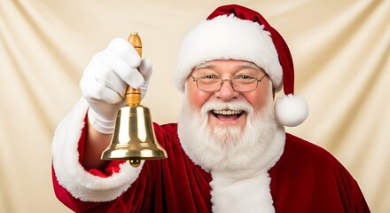 A cheerful Santa Claus in a traditional red suit and hat, smiling while ringing a golden handbell against a draped background.