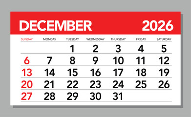 Modern Red and White December 2026 Wall Calendar Layout