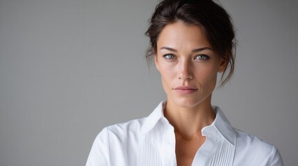 A confident woman with striking features poses in a white shirt against a neutral backdrop, conveying strength and poise.