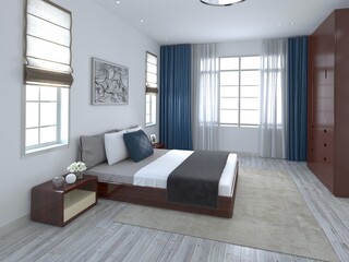 Modern bedroom with blue accents, wooden furniture, and light wood flooring. Large windows provide ample natural light, creating a bright and airy atmosphere, 3D rendering.