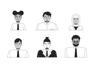 Diverse professionals in business attire ink outline faces illustrations set. Office employees. Multicultural businesspeople vector line characters avatars isolated. Users portraits images linear