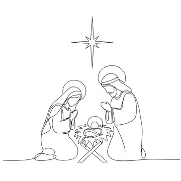 Simple Nativity outline in single line art shows Mary, Joseph and Baby Jesus. Simple Nativity is perfect for Christmas cards and decorations.
