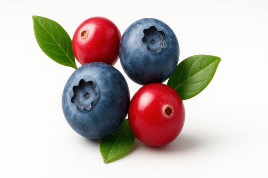 Cranberries and blueberries macro cluster on white background small triangular group with rich texture for fruit freshness dessert and health themes