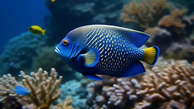A vibrant blue angelfish swims among colorful coral reefs in the ocean.