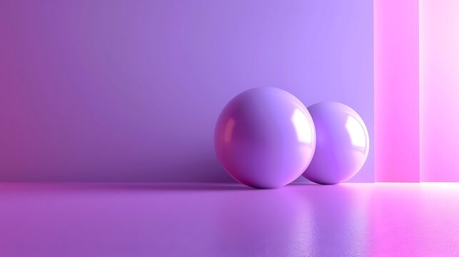 Two purple spheres on a reflective surface against a purple and pink background with light stripes