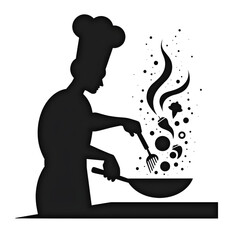 Culinary Silhouette: A chef in action, skillfully wielding utensils to create a culinary masterpiece, illustrated by food elements soaring skyward.