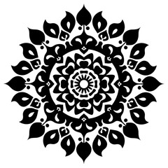 Ornate Mandala Design: A symmetrical, black and white mandala, a symbol of wholeness and spiritual harmony, radiating intricate floral patterns and geometric precision.