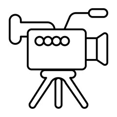 Television video camera thin line icon, optical equipment concept. Vector graphics. Studio camera with microphone on tripod sign on white background, style icon mobile or web design.