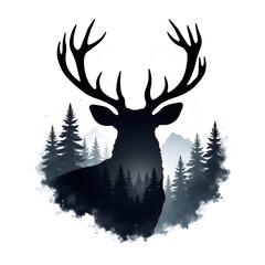 Majestic Silhouette: A regal silhouette of a stag with impressive antlers, set against the backdrop of a serene forest landscape, creates a captivating and timeless image.