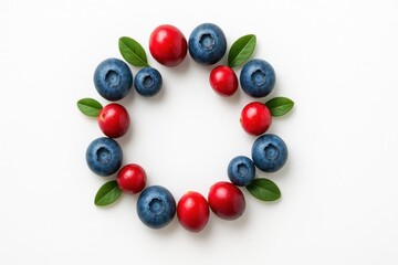 Cranberries and blueberries with green leaves on white background top down centered ring composition for fruit pattern healthy snack and design themes