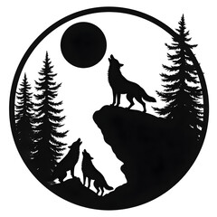 Howling Wolves Silhouette: A striking silhouette of wolves howling at the moon against the backdrop of a forest, evoking a sense of wilderness.