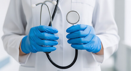 A medical professional in a white lab coat and sterile blue gloves holds a stethoscope, ready for a patient examination in a hospital clinic