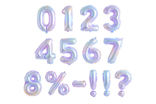 A collection of iridescent pastelcolored number and symbol balloons floating against a clean transparent background, perfect for celebrations and design, transparent background