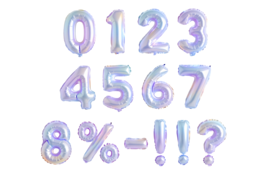 A collection of iridescent pastelcolored number and symbol balloons floating against a clean transparent background, perfect for celebrations and design, transparent background